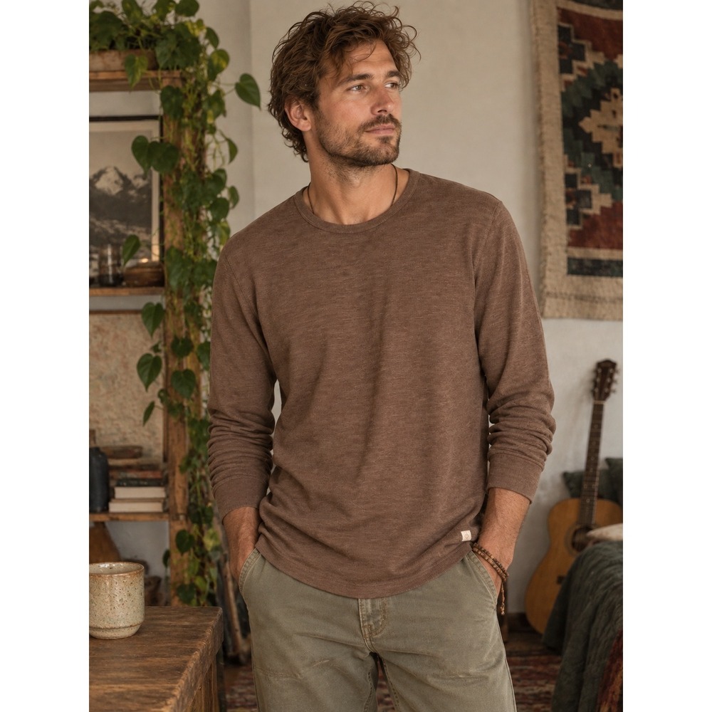 Outerknown Mens Hightide Waffle Knit Thermal Crewneck Brown Heather Medium